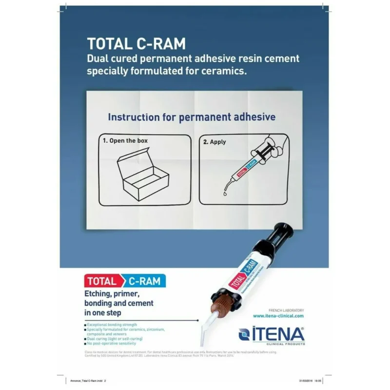 TotalC-Ram is dedicated to permanent cementation of: crowns, bridges, inlays, onlays, veneers and posts. Specially formulated for ceramic, porcelain, zirconia